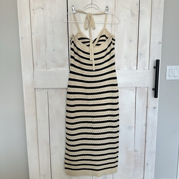House of Harlow 1960 Tan Black Stripe Crochet Halter Midi Dress Size Large Boho - Picture 6 of 11